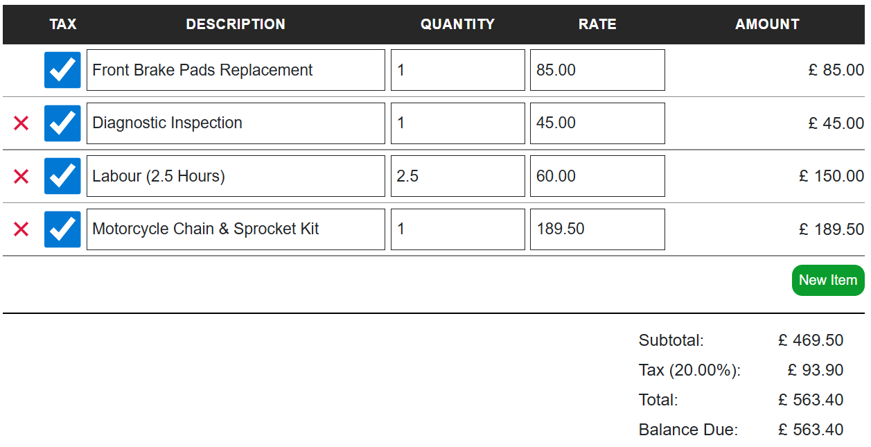 InvoiceAtlas invoice generator invoice item section