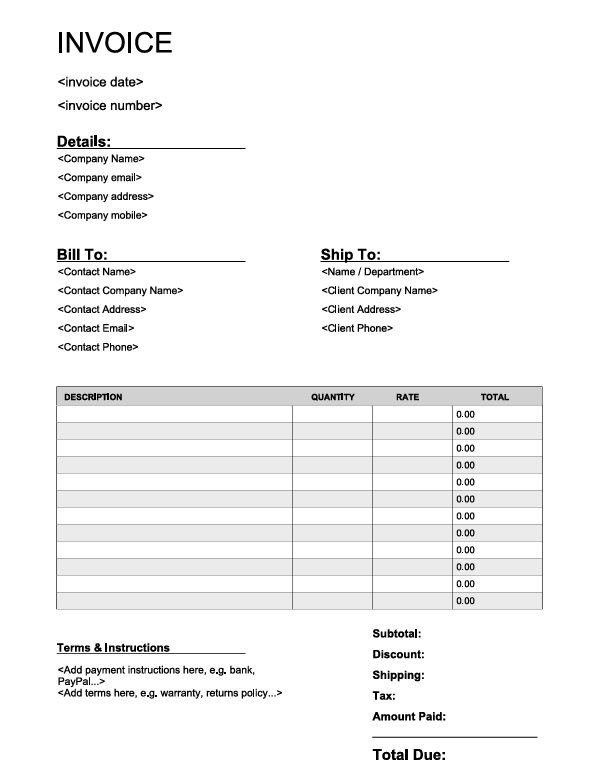 Ship To Carpentry Invoice Template preview