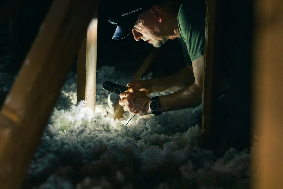 Insulation installer completing residential insulation work for a customer