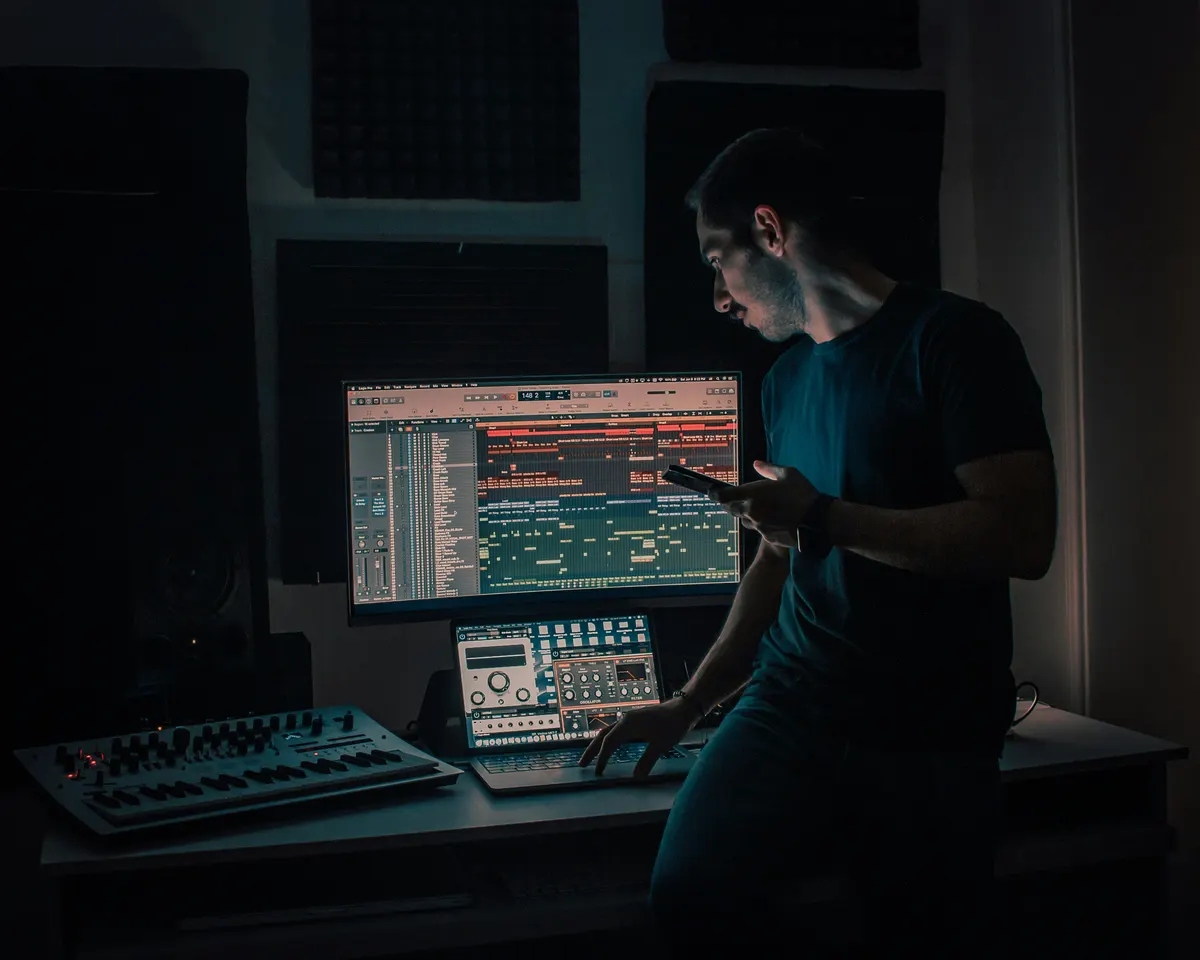Audio engineer working at a mixing console during a professional recording session