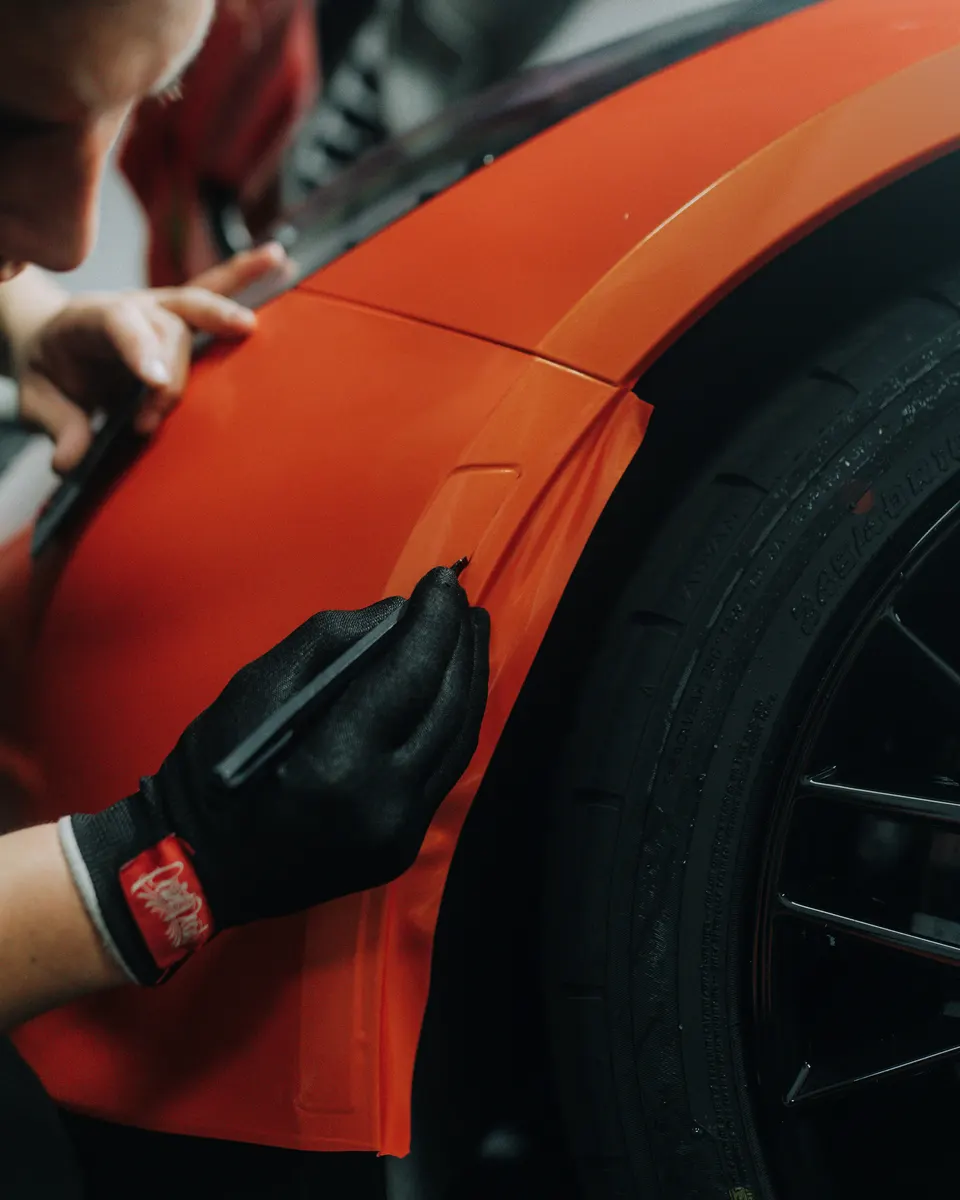 Vehicle wrapping specialist installing vinyl wrap on a car
